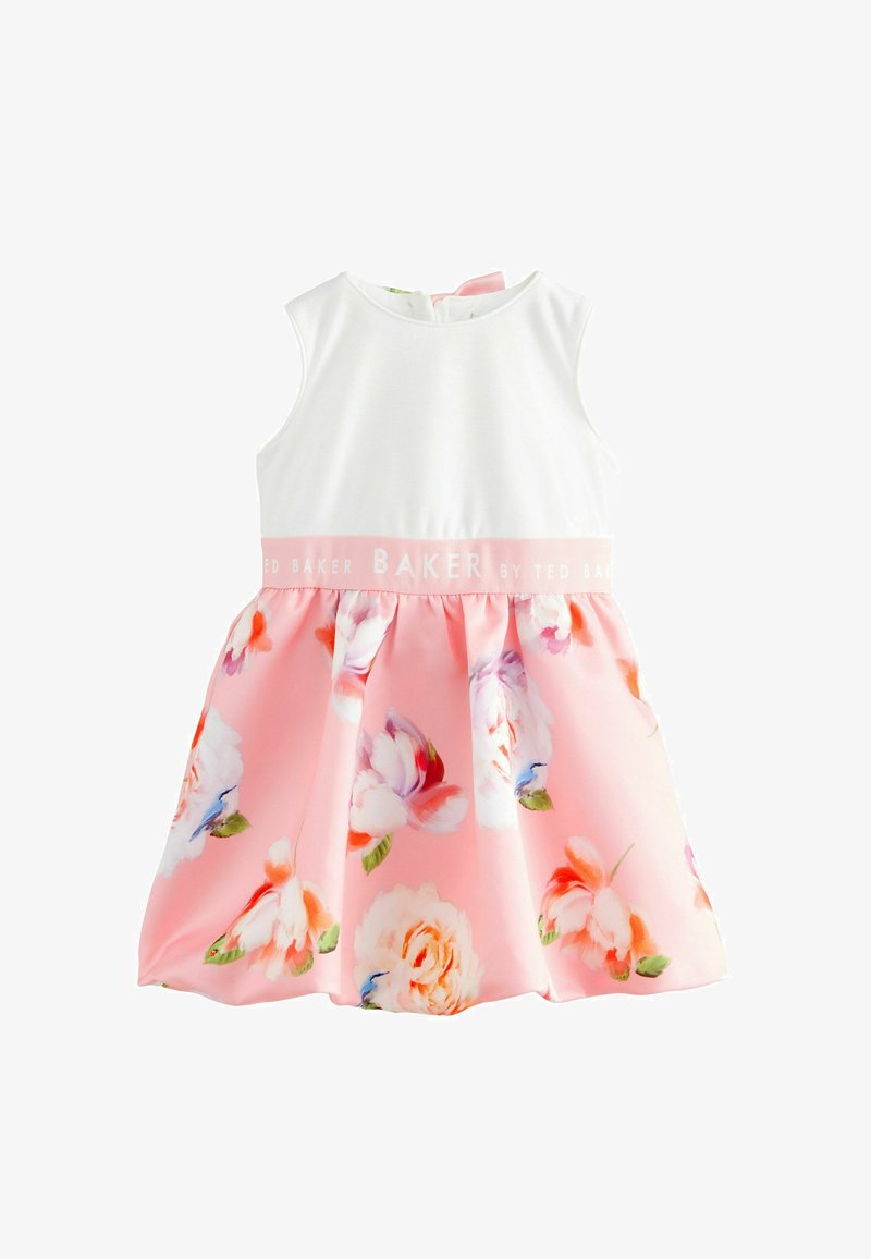 Rosa Blumenkleid mit einem weißen Oberteil, leicht strukturiertem Stoff und einem gerafften Rock mit einem weichen Taillenbund, gekennzeichnet mit "Ted Baker."