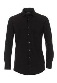 Zwarte langemouwen shirt met een puntkraag, acht knopen aan de voorkant en knoopmanchetten. Zachte stof met een gladde textuur en slim fit.