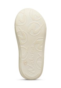 Sohle eines beigen Kinderschuhs mit strukturierten, kreisförmigen Mustern, Markenname "Naturino" und Größenangabe 20, geprägt auf der Unterseite.