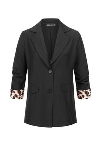 Svart blazer med hakket revers, med to frontlommer og leopardmønstrede detaljer på oppbrettede mansjetter. Lukking med fem knapper.