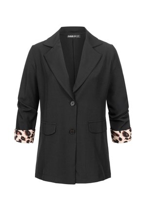 Černý blazer s klopou s výřezem, s dvěma předními kapsami a leopardím vzorem na ohrnutých rukávech. Zapínání na pět knoflíků.