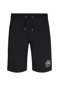 Bermudas de algodón negras con una cinturilla elástica, cordón ajustable y un logo impreso en la pierna izquierda. Largo hasta el medio muslo.