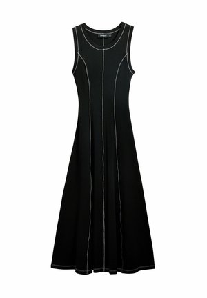 Black sleeveless dress featuring contrasting white stitching, a round neck, flared skirt, and fitted bodice with vertical seam details.