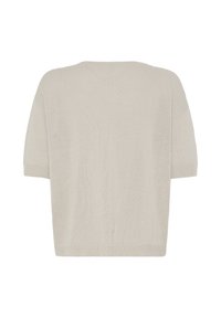 Pull beige en tricot à manches courtes avec poignets et ourlet côtelés, présenté de dos sur fond blanc.