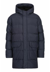 Navy puffer jacket with a hood, featuring a quilted design, two front pockets, and a soft inner lining for warmth and comfort.