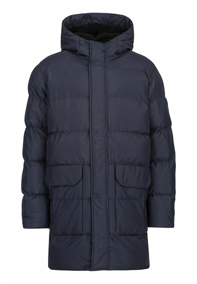 Navy puffer jacket with a hood, featuring a quilted design, two front pockets, and a soft inner lining for warmth and comfort.