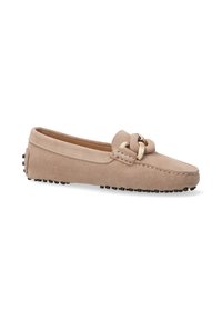 Beige Wildleder Slipper mit runder Zehe, dekorativem Knotendetail und strukturiertem Gummisohle. Mit Akzenten aus Nähte und glatter Oberfläche.
