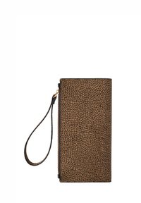 Brown textured clutch wallet with black edging and a matching wrist strap attached to a gold zipper.