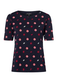 Navy blue t-shirt made of cotton, featuring a pattern of red shells and stars, round neckline, and short sleeves.