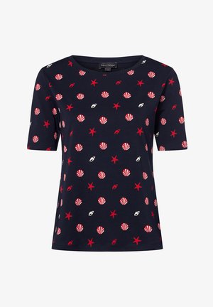 Navy blue t-shirt made of cotton, featuring a pattern of red shells and stars, round neckline, and short sleeves.