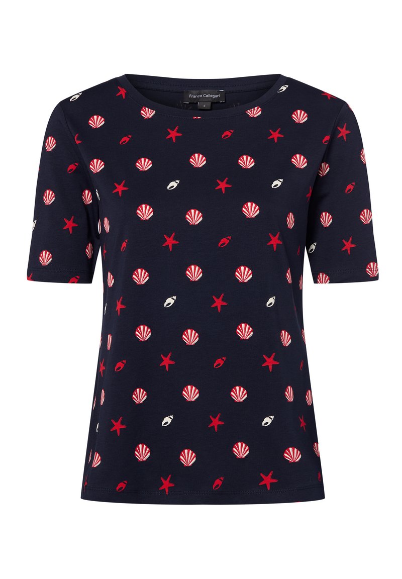 Navy blue t-shirt made of cotton, featuring a pattern of red shells and stars, round neckline, and short sleeves.