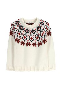 Biały dziergany sweter z okrągłym wzorem wokół dekoltu w czerwonych, czarnych i ciemnoczerwonych wzorach. Ściągacze na mankietach i dole, luźny fason.