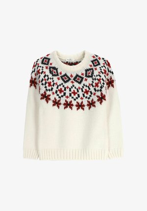 Biały dziergany sweter z okrągłym wzorem wokół dekoltu w czerwonych, czarnych i ciemnoczerwonych wzorach. Ściągacze na mankietach i dole, luźny fason.