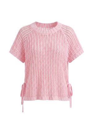 Lichtroze gebreide top met korte mouwen, open geweven patroon en gestrikte strikjes aan beide zijden van de zoom.