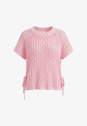 Világos rózsaszín rövid ujjú kötött felső nyitott szövésmintával és mindkét oldalon megkötött masnikkal a szegélyén.