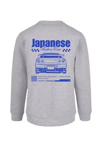 Gray sweatshirt featuring blue graphic of a retro car, "Japanese Retro Car" text, checkered accents, and design elements representing speed.