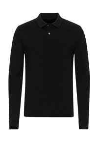 Polo nera a maniche lunghe in tessuto lavorato a maglia con colletto piatto, patta con tre bottoni e polsini e orlo a coste. Accento di logo sottile.