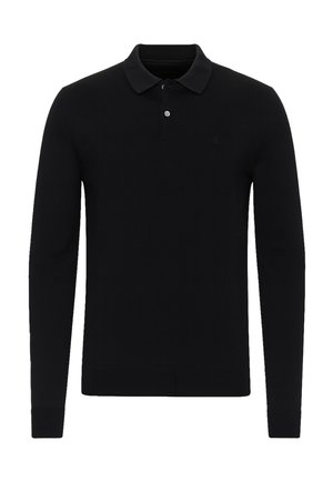 Polo negro de manga larga hecho de tejido de punto, con cuello plano, tapeta de tres botones y puños y dobladillo acanalados. Detalle sutil de logo.