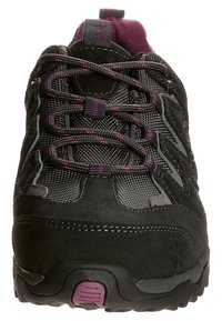 Svart och grå vandringsko i mesh och mocka, med rosa detaljer, rund tå, vadderad plös och texturerad sula.