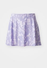 Purple skirt made of lightweight fabric with a tie-dye pattern. Features a flared shape and an elastic waistband for comfort.