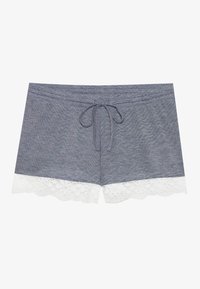 Pantaloni corti in cotone grigi con vita regolabile tramite coulisse, caratterizzati da un orlo con bordo in pizzo bianco a onde. Texture morbida con un motivo melangiato.