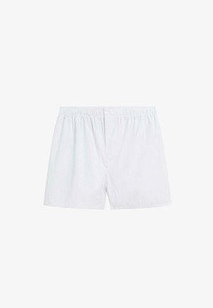 Light blue and white striped cotton boxers with an elastic waistband and two-button fly. Soft texture and loose fitting design.
