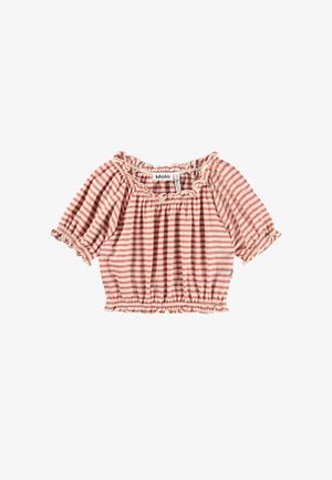 Blusa de manga corta a rayas rosas y blancas para niño pequeño con escote, mangas y dobladillo fruncidos con elástico de Molo, talla 122/128.
