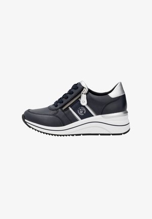Navy leather sneaker with a textured upper, silver accents, and a side zipper. Features a white, slightly elevated sole with a gripped bottom.