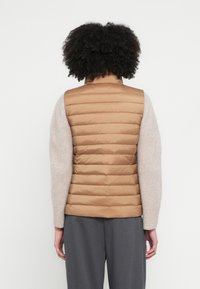 Bēša pūdera veste ar horizontālu šūtu dizainu un augstu apkakli. Veste ir ar gludu tekstūru. Piedurknes ir gaiši bēšas adītas. Valkāta virs pelēkajām biksēm.