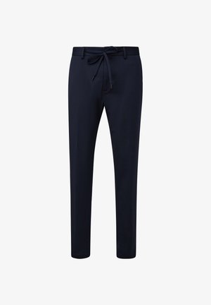 Dunkelblaue Jogginghosen aus weichem Stoff, mit einem Kordelzugbund, schmal zulaufenden Beinen und einem minimalistischen Design ohne sichtbare Muster.