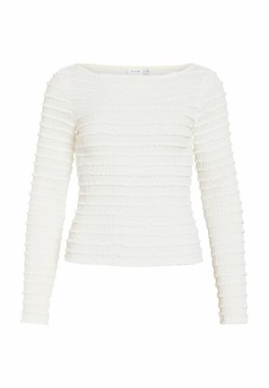 Top blanco de manga larga para mujer con capas horizontales de volantes texturizados y un cuello redondo ancho.
