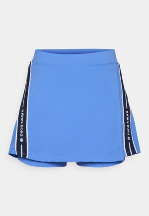 Blauer Sportrock mit glatter Textur, ausgestattet mit einem breiten Bündchen und dunkelblauen Seiteneinsätzen mit weißen Streifen. Enthält Details des Markenlogos.