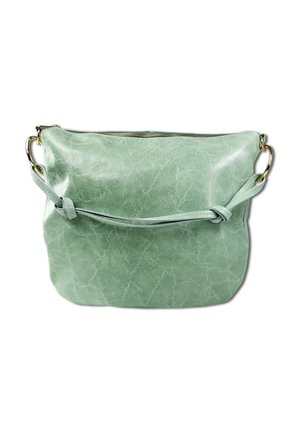 Zachte groene leren schoudertas met een geknoopte riem en metalen gespen in goudkleur, voorzien van een ritssluiting aan de bovenkant.
