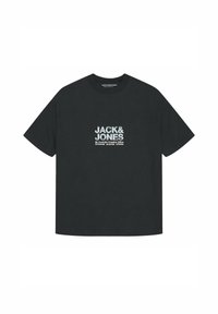 Schwarzes Baumwoll-T-Shirt mit kurzen Ärmeln, Rundhalsausschnitt und aufgedrucktem Text "JACK&JONES" in Weiß und Silber, mit einem leicht abgenutzten Look.