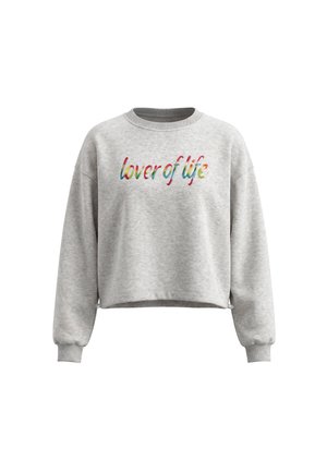 Lysegrå crewneck sweatshirt med lange ærmer og farverig "lover of life" tekst på tværs af brystet i kursiv skrifttype.