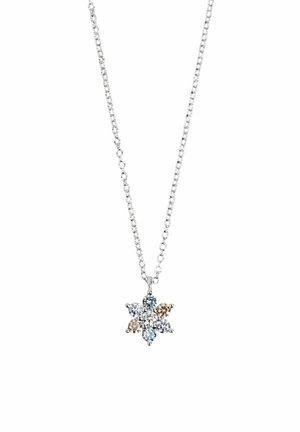 Collier chaîne en argent avec un pendentif en forme de fleur à six pétales composé de pierres précieuses bleu clair, blanches et beiges.