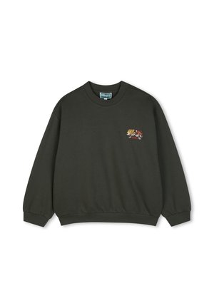 Sweat-shirt vert foncé à col rond, manches longues, avec petit motif brodé représentant un léopard et un tigre sur la poitrine.