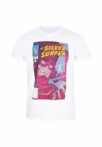Bílý bavlněný tričko s barevným komiksovým potiskem postavy s růžovými akcenty, textem "The Silver Surfer" a grafickými detaily.
