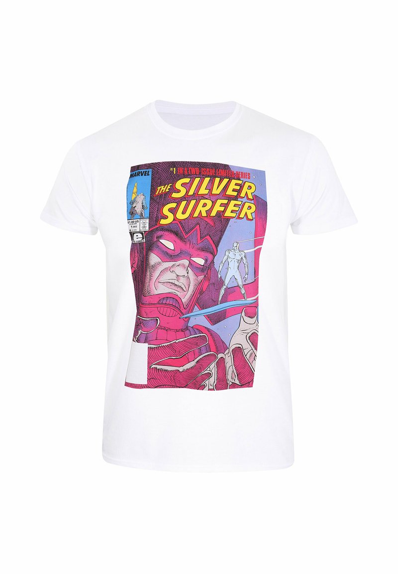 Bílý bavlněný tričko s barevným komiksovým potiskem postavy s růžovými akcenty, textem "The Silver Surfer" a grafickými detaily.