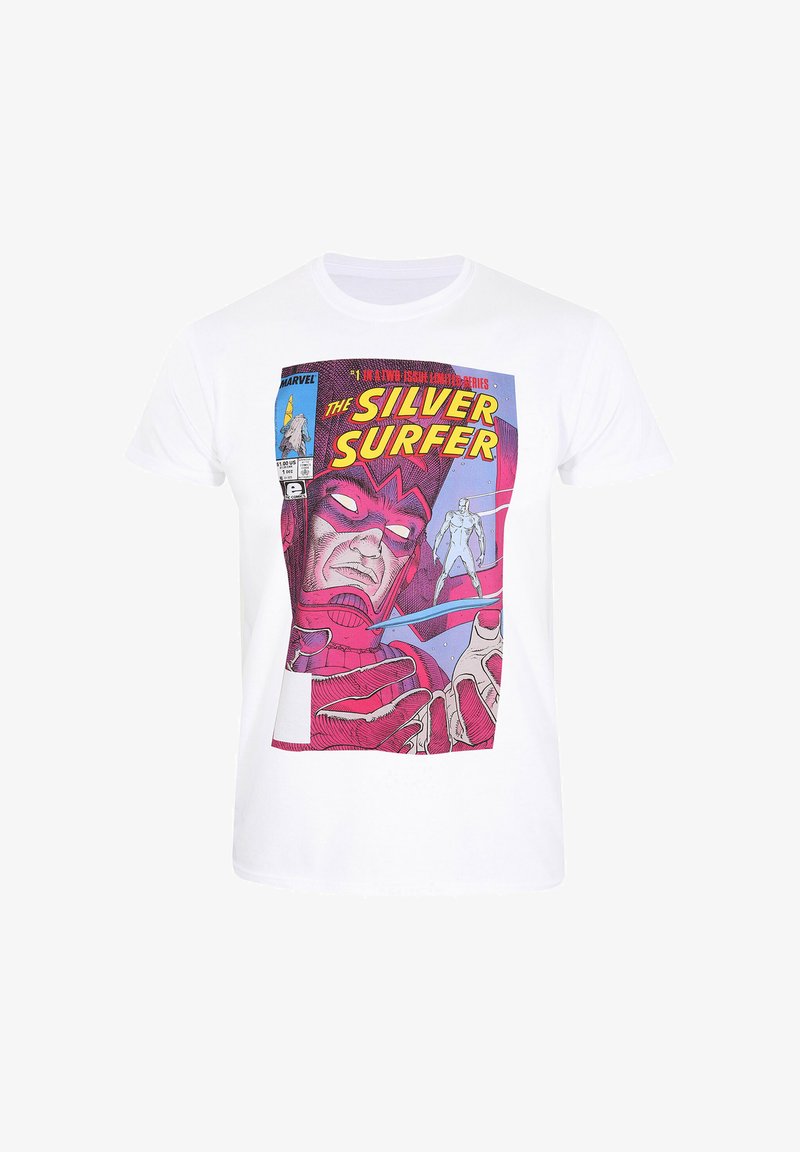 Bílý bavlněný tričko s barevným komiksovým potiskem postavy s růžovými akcenty, textem "The Silver Surfer" a grafickými detaily.