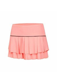 Gonna pieghettata rosa con strati di volant, dotata di una cintura larga e una linea orizzontale nera a contrasto vicino alla parte superiore.