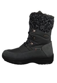 Szare buty trekkingowe z wodoodporną cholewką, futerkiem z sztucznego włosia oraz teksturowaną gumową podeszwą. Posiadają sznurowanie z zapięciem na toggle oraz kontrastujące materiały.