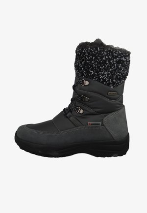 Gray hiking boot with a waterproof upper, faux fur lining, and a textured rubber sole. Features lace and toggle closure, with contrasting materials.