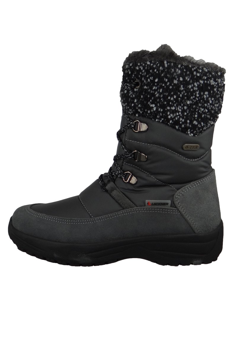 Szare buty trekkingowe z wodoodporną cholewką, futerkiem z sztucznego włosia oraz teksturowaną gumową podeszwą. Posiadają sznurowanie z zapięciem na toggle oraz kontrastujące materiały.