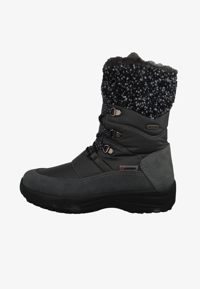 Szare buty trekkingowe z wodoodporną cholewką, futerkiem z sztucznego włosia oraz teksturowaną gumową podeszwą. Posiadają sznurowanie z zapięciem na toggle oraz kontrastujące materiały.