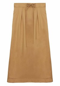 Jupe midi plissée couleur beige avec une taille à cordon de serrage, texture lisse et coupe droite, conçue pour un ajustement décontracté et polyvalent.