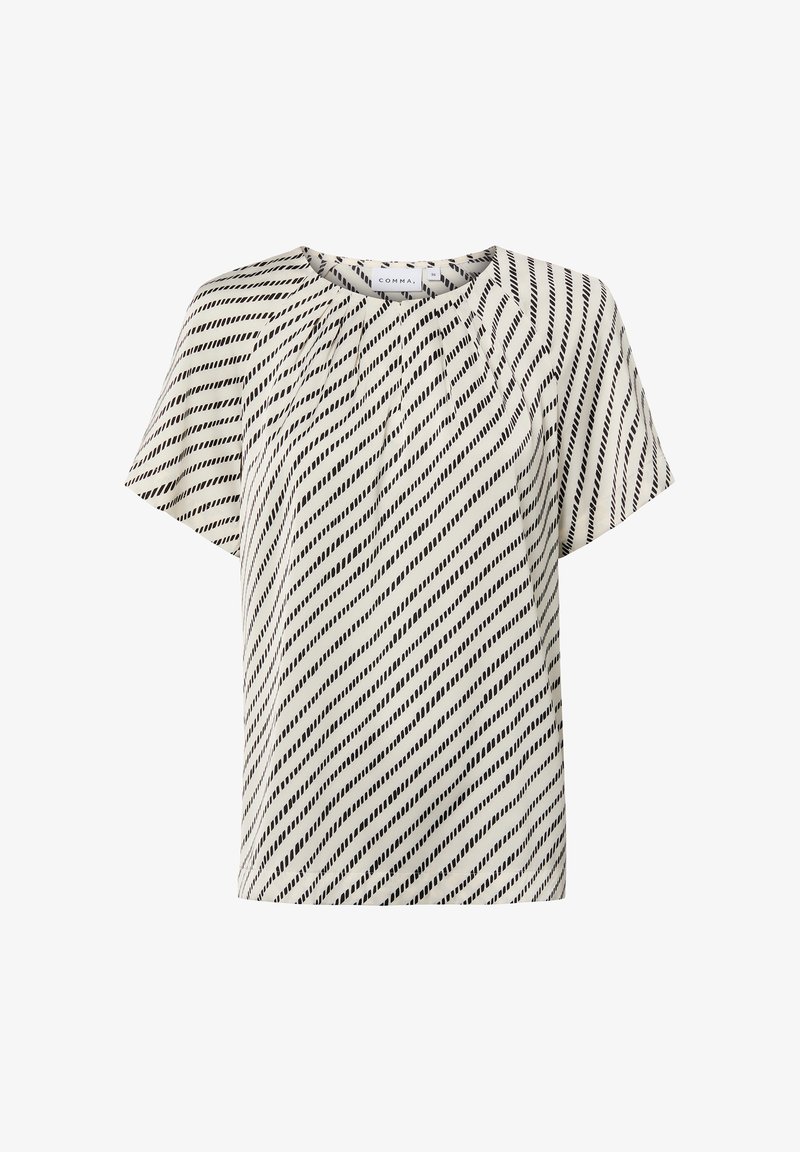 Blouse blanche à manches courtes avec des rayures noires diagonales en pointillé, col rond et légers plis sous le col.