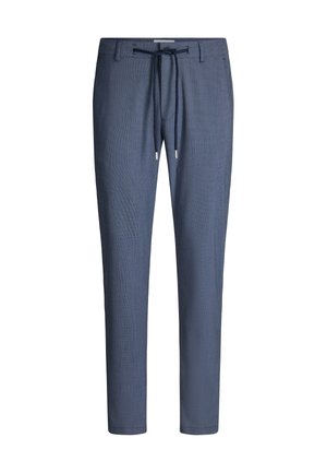 Navy blue trousers with a textured fabric, featuring an elastic drawstring waist and tapered legs. Silver hardware accents on drawstring ends.