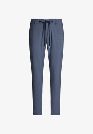 Marineblaue Hose aus strukturiertem Stoff, mit elastischem Tunnelzugbund und konisch zulaufenden Beinen. Silberne Metallakzente an den Enden des Tunnelzugs.