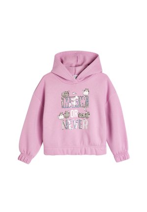 Sweat-shirt à capuche rose avec une coupe décontractée, des poignets élastiques, présentant un graphique scintillant disant "MEOW OR NEVER" entouré de chats cartoon.